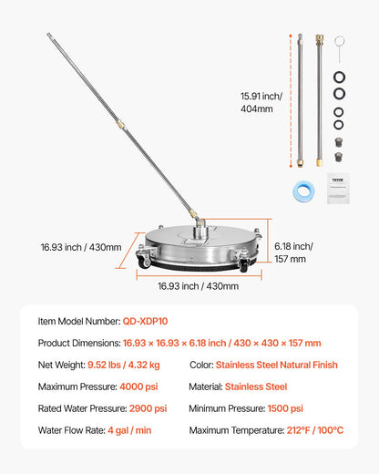 16,5" högtryckstvättsrengöring för ytor, högtryckstvättstillbehör i rostfritt stål med 4 hjul, 4000 max. psi, 1/4 snabbkoppling, 2 sprutmunstycken, 2 förlängda skaft för betong, uteplats, däck
