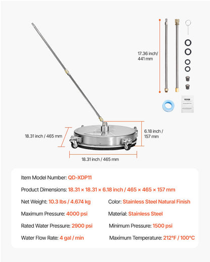 18" högtryckstvättsrengöring för ytor, högtryckstvättstillbehör i rostfritt stål med 4 hjul, 4000 max. psi, 1/4 snabbkoppling, 2 sprutmunstycken, 2 förlängda skaft för betong, uteplats, däck