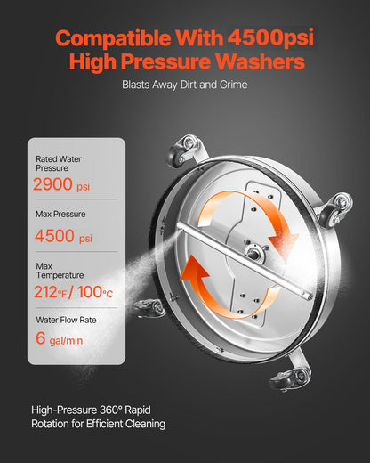 21" Pressure Washer Surface Cleaner, Stainless Steel Pressure Washer Attachments with 4 Wheels, 4500 Max PSI, 3/8 Quick Connector, 2 Spray Nozzles, Dual Handle, for Concrete, Patio, Sidewalk