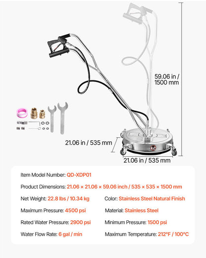 21" Pressure Washer Surface Cleaner, Stainless Steel Pressure Washer Attachments with 4 Wheels, 4500 Max PSI, 3/8 Quick Connector, 2 Spray Nozzles, Dual Handle, for Concrete, Patio, Sidewalk