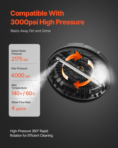 15" högtryckstvätt ytrengörare, plasttillbehör för högtryckstvätt med 4 hjul, 4000 max PSI, 1/4 snabbkoppling, 2 sprutmunstycken, perfekt för uppfarter, trottoarer, uteplatser, däck, svart