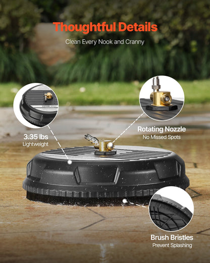 15" högtryckstvätt ytrengörare, plasttillbehör för högtryckstvätt med 4 hjul, 4000 max PSI, 1/4 snabbkoppling, 2 sprutmunstycken, perfekt för uppfarter, trottoarer, uteplatser, däck, svart