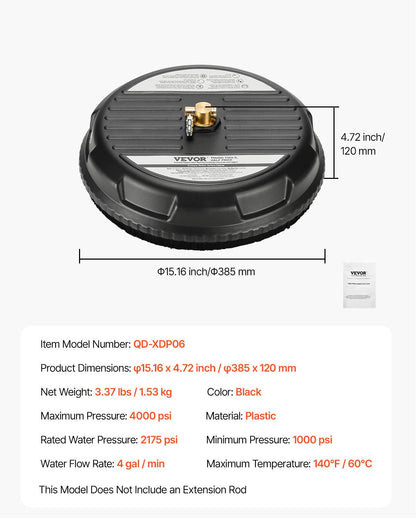 15" högtryckstvätt ytrengörare, plasttillbehör för högtryckstvätt med 4 hjul, 4000 max PSI, 1/4 snabbkoppling, 2 sprutmunstycken, perfekt för uppfarter, trottoarer, uteplatser, däck, svart