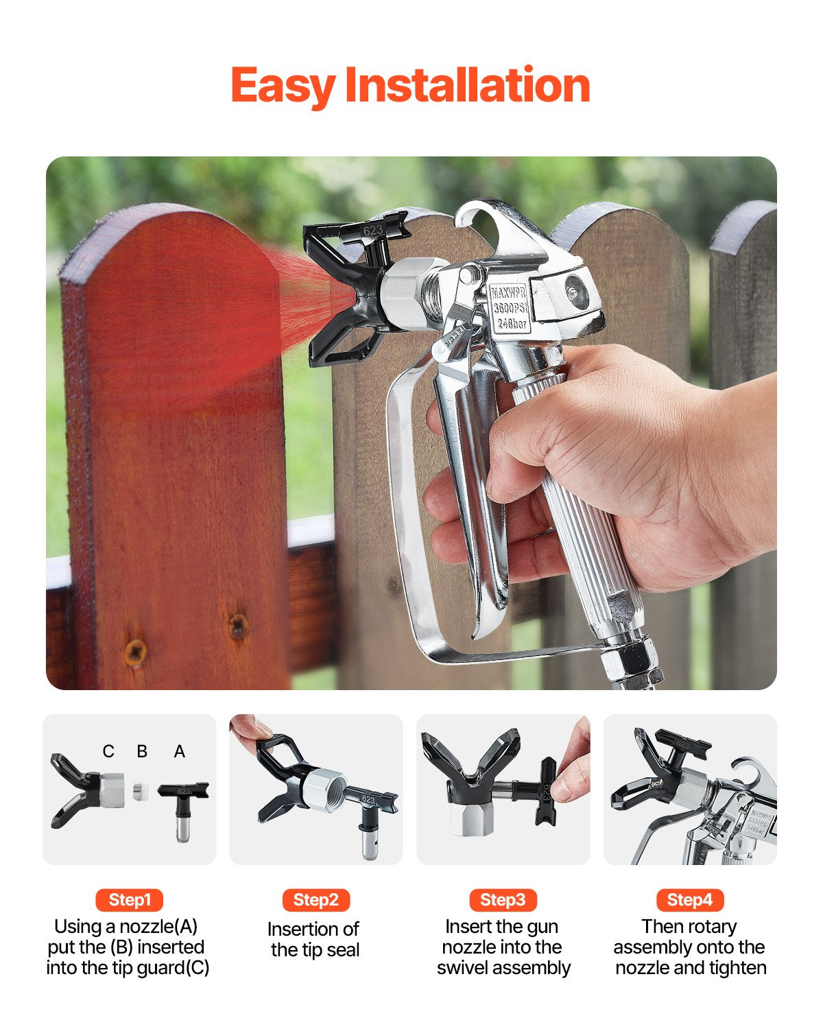 Airless Paint Spray Gun, 3600PSI High Pressure Airless Paint Sprayer Gun with 517 Tip, Swivel Joint Airless Spray Gun Kit with Filters, Cleaning Needle and Brush, for Airless Spraying Machine