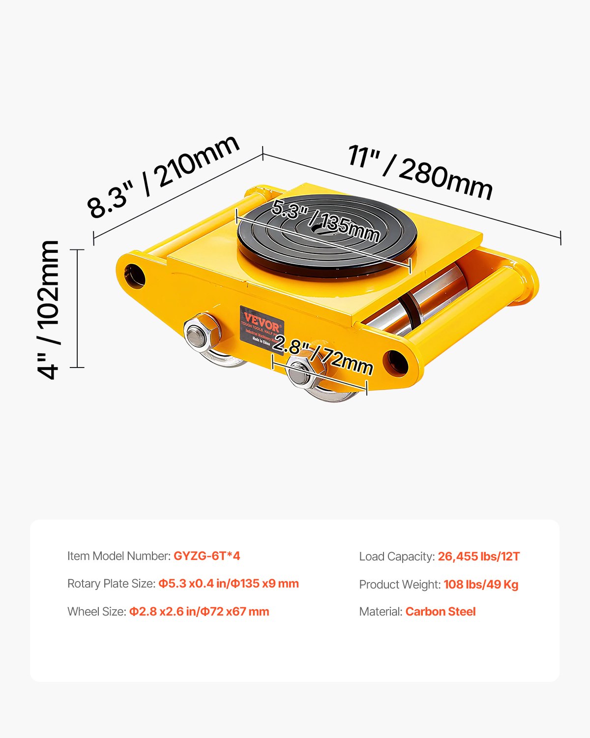 4 st maskinskridskovagn, 11999,8 kg industriell maskinflytt, kraftig maskinflyttskridsko i kolstål &amp; 4 kolstålshjul och 360° roterande halkfritt lock för lager, fabrik