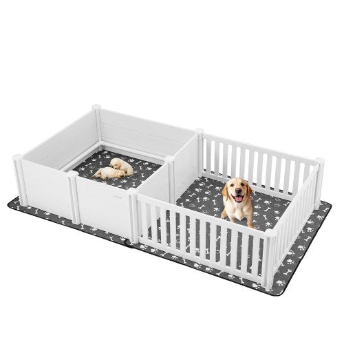 Valpningslåda för hundar, 237 x 112 x 48 cm, lekhage av plast i PVC för valpar med höjdjusterbar dörr och tvättbar kissdyna, lekhage för valpar med 2 rum för extra stora hundar, mjölkvit