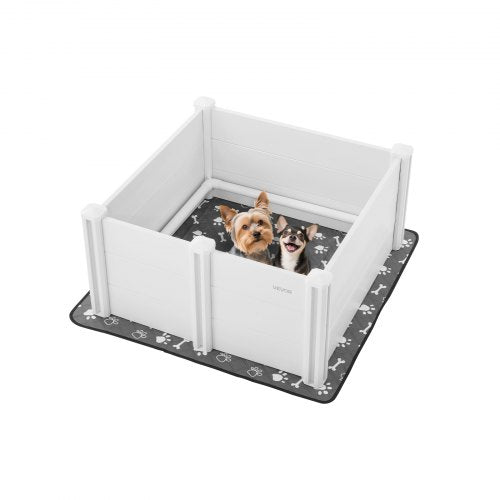 Valpningslåda för hundar, 91 x 91 x 48 cm, lekhage i plast/PVC för valpar med höjdjusterbar dörr och tvättbar kissdyna, deformationsresistent lekhage för valpar inomhus för medelstora hundar, mjölkvit