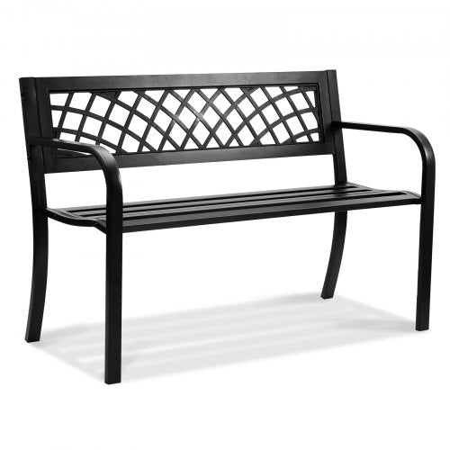 Utomhusbänk, 112 cm metallträdgårdsbänk för utomhusbruk, 180 kg lastkapacitet, utomhusträdgårdsbänk med ryggstöd och armstöd, uteplatsbänk för trädgård, park, gård, veranda