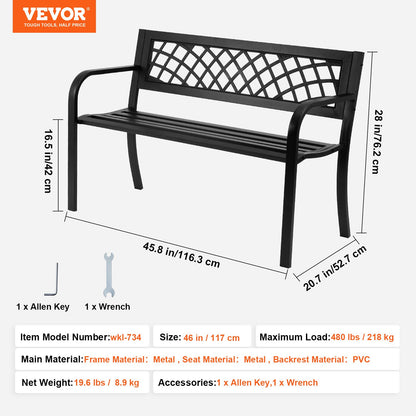 Utomhusbänk, 112 cm metallträdgårdsbänk för utomhusbruk, 180 kg lastkapacitet, utomhusträdgårdsbänk med ryggstöd och armstöd, uteplatsbänk för trädgård, park, gård, veranda