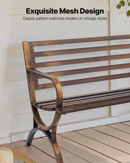 Utomhusbänk, 127 cm, metallram i kolstål med ryggstöd med ribbor och armstöd med rundade kanter, väderbeständig utomhusbänk för uteplats, trädgård, park, gård, veranda, antikbrons
