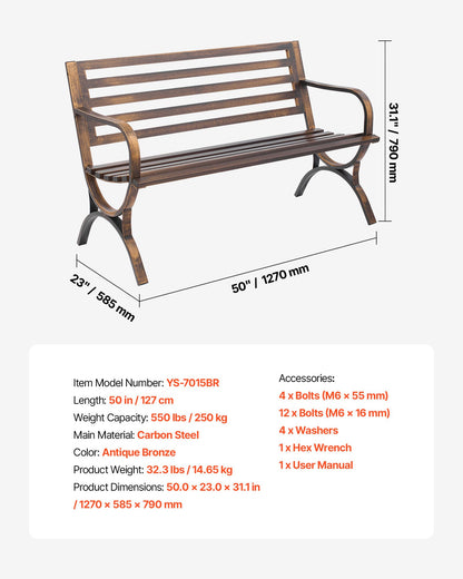Utomhusbänk, 127 cm, metallram i kolstål med ryggstöd med ribbor och armstöd med rundade kanter, väderbeständig utomhusbänk för uteplats, trädgård, park, gård, veranda, antikbrons