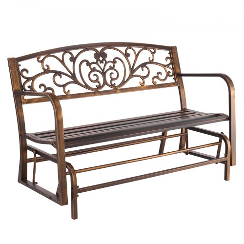 Utomhusbänk, 127 cm, metallram i kolstål med ryggstöd i gjutjärn och armstöd med rundade kanter, väderbeständig glidbänk för uteplats, trädgård, park, gård, veranda, antikbrons