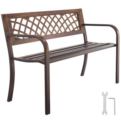 Utomhusbänk, 116 cm, metallram i kolstål med ryggstöd i PVC-nätmönster och armstöd med rundade kanter, väderbeständig utomhusbänk för uteplats, trädgård, park, gård, veranda, antikbrons