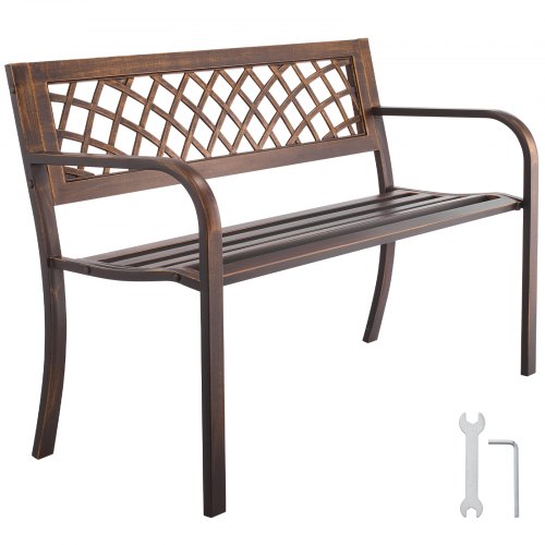 Utomhusbänk, 116 cm, metallram i kolstål med ryggstöd i PVC-nätmönster och armstöd med rundade kanter, väderbeständig utomhusbänk för uteplats, trädgård, park, gård, veranda, antikbrons