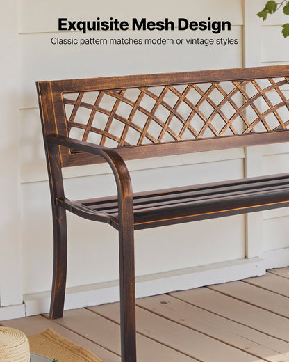 Utomhusbänk, 116 cm, metallram i kolstål med ryggstöd i PVC-nätmönster och armstöd med rundade kanter, väderbeständig utomhusbänk för uteplats, trädgård, park, gård, veranda, antikbrons