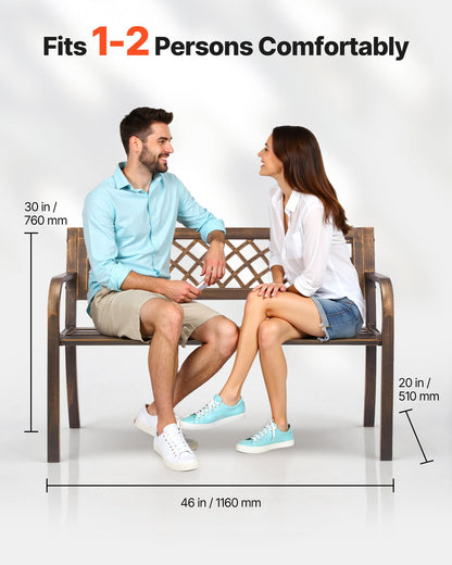 Utomhusbänk, 116 cm, metallram i kolstål med ryggstöd i PVC-nätmönster och armstöd med rundade kanter, väderbeständig utomhusbänk för uteplats, trädgård, park, gård, veranda, antikbrons