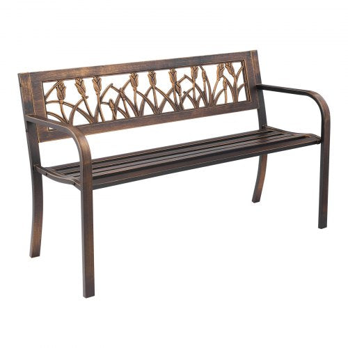 Utomhusbänk, 127 cm, metallram i kolstål med ryggstöd i PVC med blommönster och armstöd med rundade kanter, väderbeständig utomhusbänk för uteplats, trädgård, park, gård, veranda, antikbrons