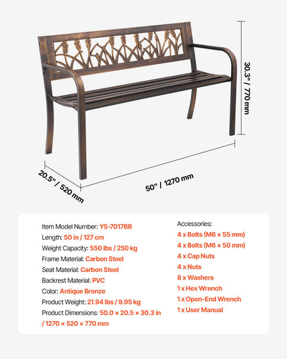 Utomhusbänk, 127 cm, metallram i kolstål med ryggstöd i PVC med blommönster och armstöd med rundade kanter, väderbeständig utomhusbänk för uteplats, trädgård, park, gård, veranda, antikbrons