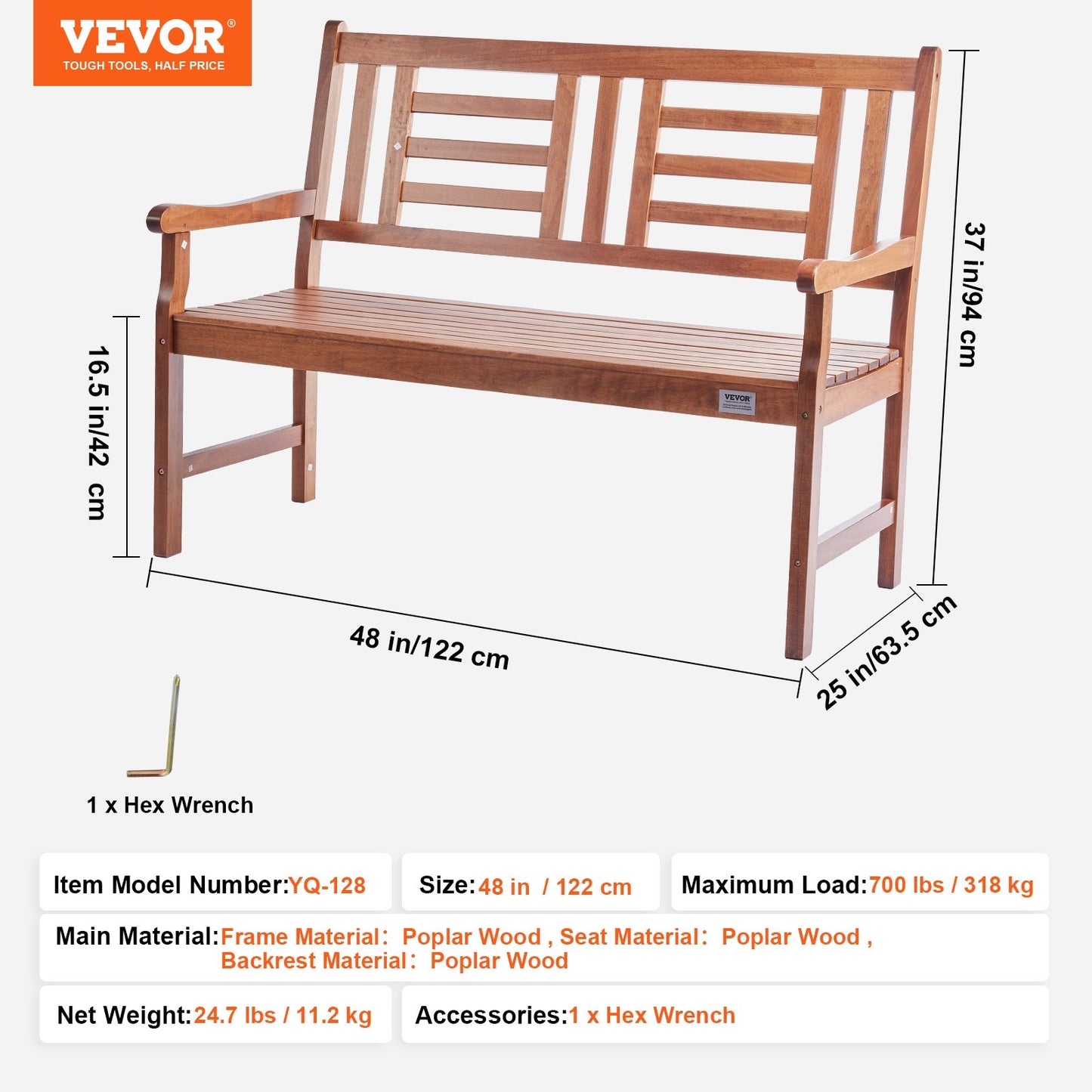 Utomhusbänk 48 tum/121,9 cm Trädgårdsbänk 700 lbs/317,5 kg Park Uteplats Veranda Bänk