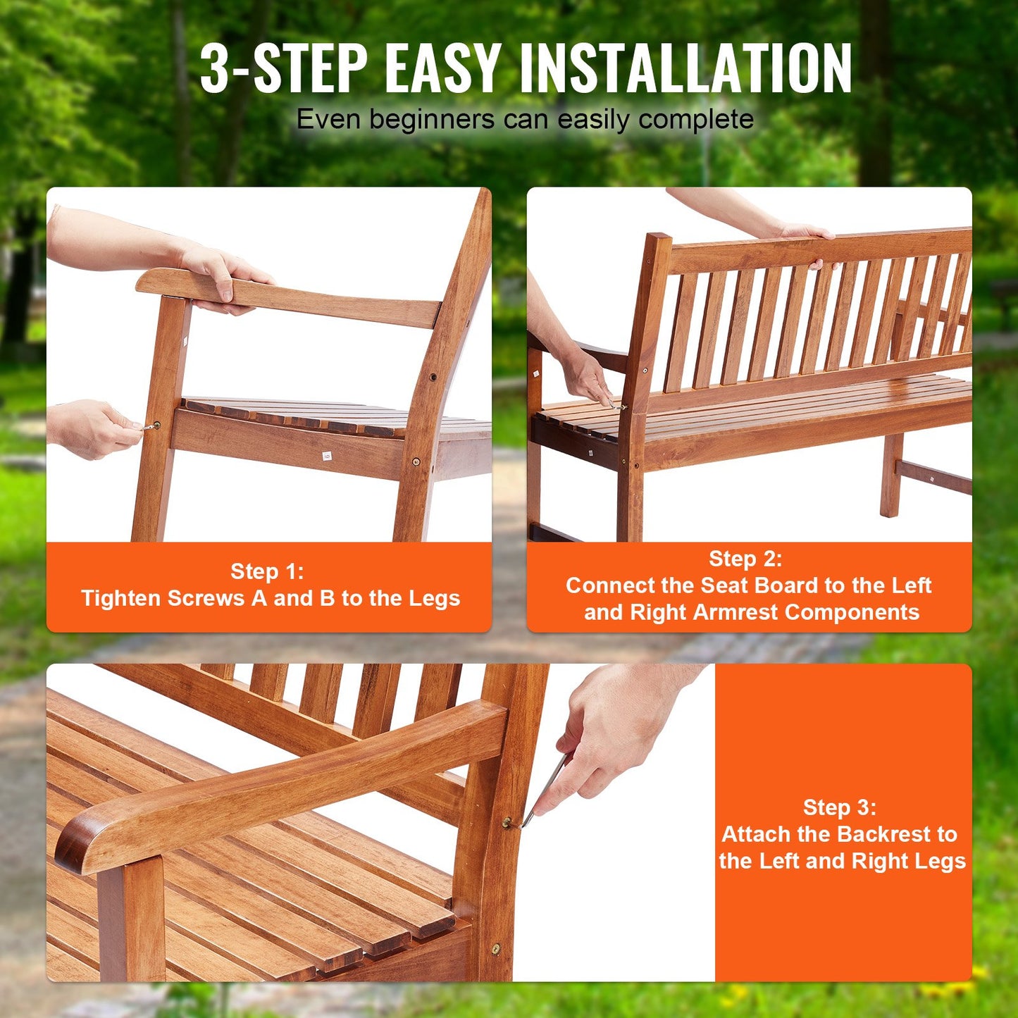 Outdoor Bench, 50 inches Wood Garden Bench for Outdoors, 800 lbs Load Capacity Bench, Outdoor Garden Park Bench with Backrest and Armrests, Patio Bench for Garden, Park, Yard, Front Porch