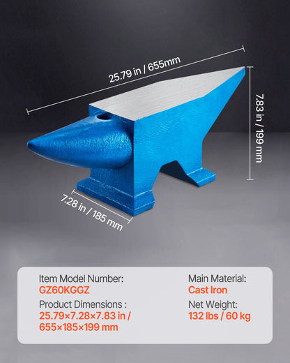 Städ i gjutstål med enstaka horn, 132 pund, smed, smidesstålverktyg med runt och fyrkantigt hål och utrustning, städ, robust smed, hållbart och robust metallbearbetningsverktyg