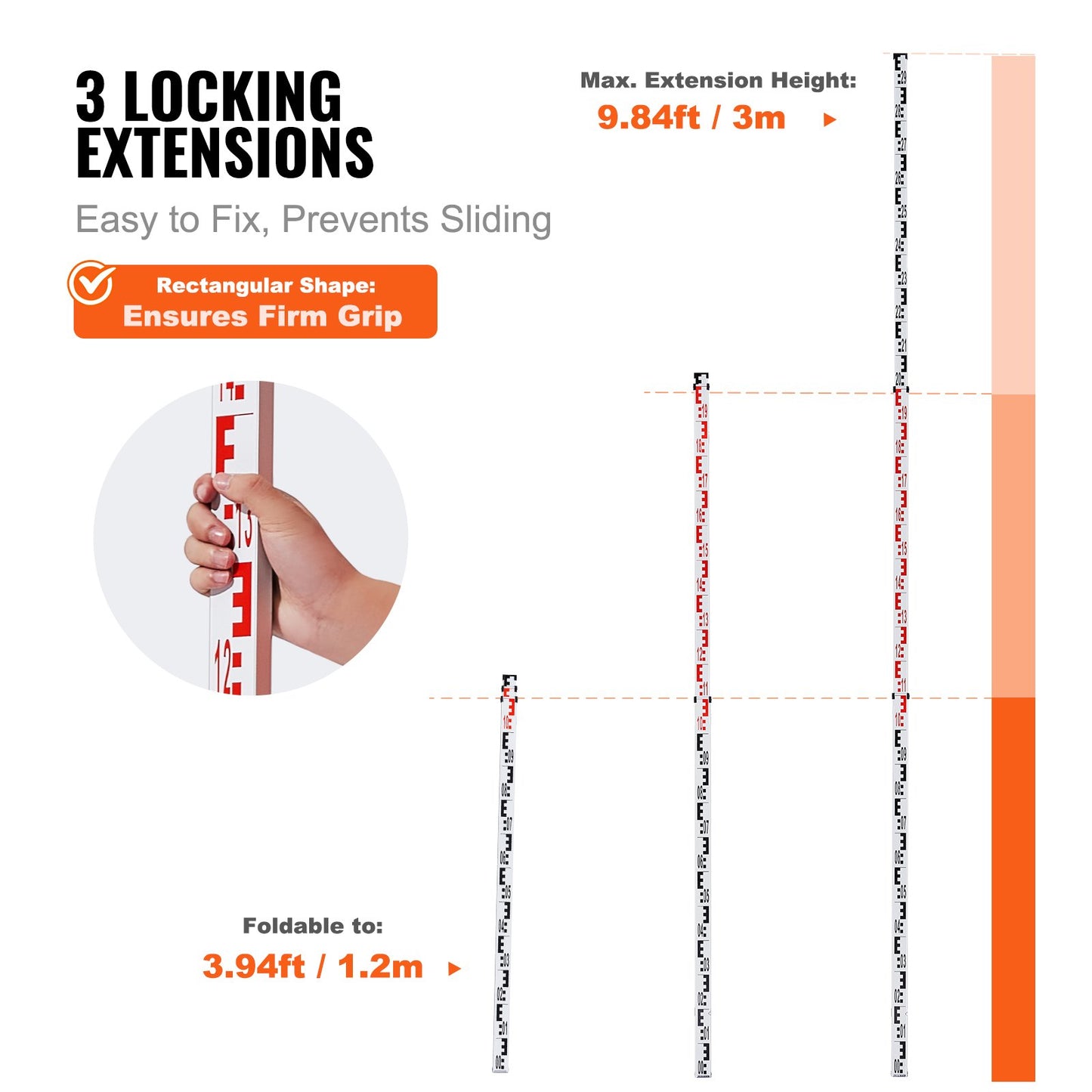 Aluminiummätstång, 3M metrisk teleskopmätstång, dubbelsidig skala i CM/MM nivelleringsstång, aluminiumlegeringsmätstång med vattenpass och bärväska för mätning av hus, väggar, golv