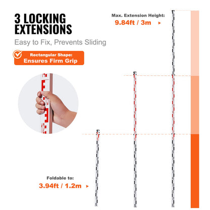 Aluminiummätstång, 3M metrisk teleskopmätstång, dubbelsidig skala i CM/MM nivelleringsstång, aluminiumlegeringsmätstång med vattenpass och bärväska för mätning av hus, väggar, golv