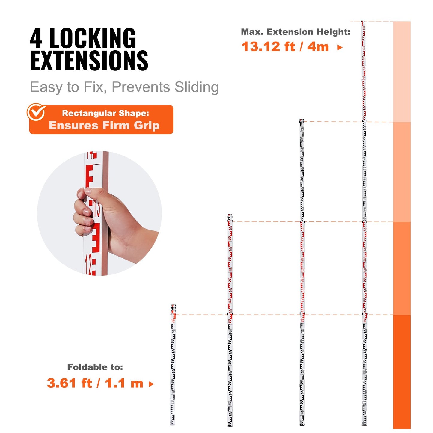 Aluminiummätstång, 4M metrisk teleskopmätstång, dubbelsidig skala i CM/MM avvägningsstång, aluminiumlegeringsmätstång med vattenpass och bärväska för mätning av hus, väggar, golv