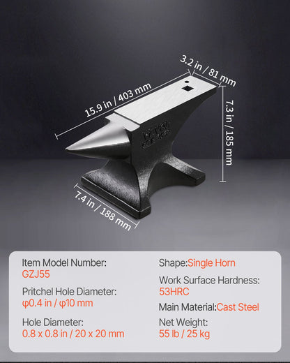 Enkelhornsstäd, 22,5 kg städ i gjutstål, höghård robust rundhornsstäd för smeder, med stor bänkskiva och stabil bas, metallbearbetningsverktyg för metallbockning, formning, vridning