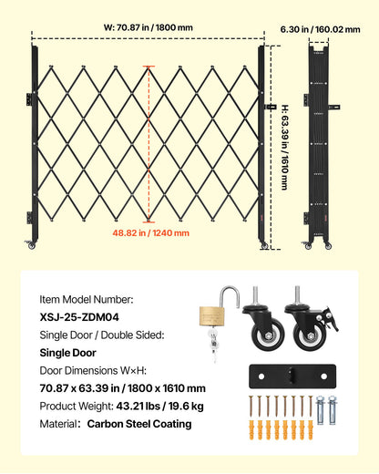 Enkel vikbar säkerhetsgrind, låsbar saxgrind med 360° svängbara hjul, utdragbara stålgrindar för utomhusbruk, för entrésäkerhet, garage, lager och pool, 180 × 161 cm (B × H)