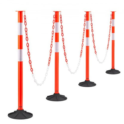 4-pack trafikavgränsningsstolpar, 871 mm trafiksäkerhetskoner med viktad bas, reflexremsor och kedja, kraftiga avgränsningsstolpar för byggarbetsplatser, parkeringsplatser, trängselkontroll, röd