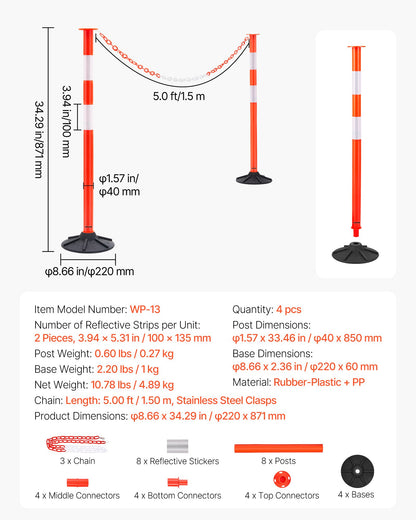 4-pack trafikavgränsningsstolpar, 871 mm trafiksäkerhetskoner med viktad bas, reflexremsor och kedja, kraftiga avgränsningsstolpar för byggarbetsplatser, parkeringsplatser, trängselkontroll, röd