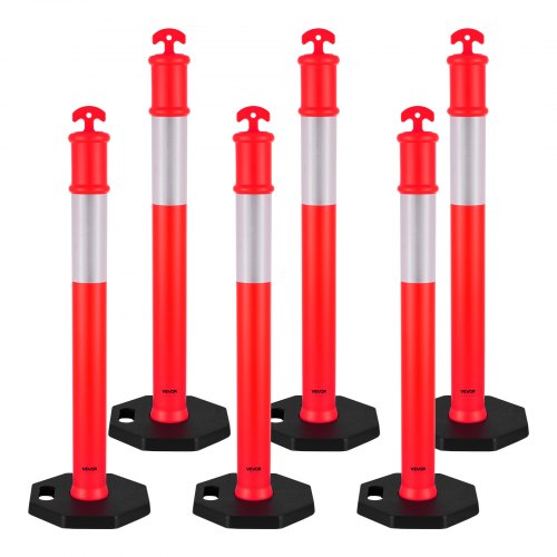 6-pack trafikavgränsningsstolpar, 1140 mm trafiksäkerhetskoner med viktad bas och reflexremsor, kraftiga avgränsningsstolpar för byggarbetsplatser, parkeringsplatser, trängselkontroll, röd