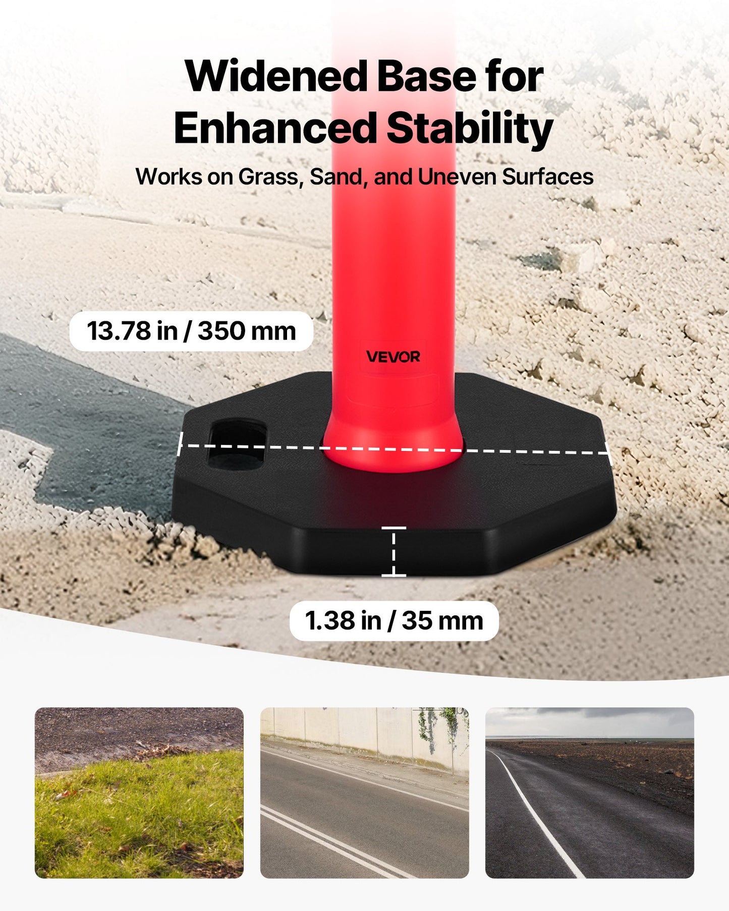 6-pack trafikavgränsningsstolpar, 1140 mm trafiksäkerhetskoner med viktad bas och reflexremsor, kraftiga avgränsningsstolpar för byggarbetsplatser, parkeringsplatser, trängselkontroll, röd