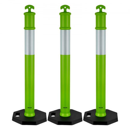 3-pack trafikavgränsningsstolpar, 1140 mm trafiksäkerhetskoner med viktad bas och reflexremsor, kraftiga avgränsningsstolpar för byggarbetsplatser, parkeringsplatser, trängselkontroll, gröna