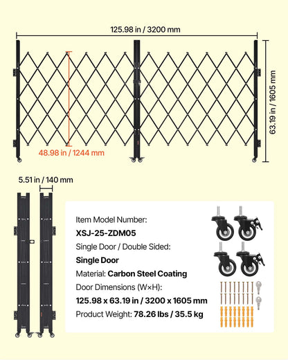 Dubbelfällbar säkerhetsgrind, låsbar saxgrind med 360° svängbara hjul, utfällbara stålgrindar för utomhusbruk, för entrésäkerhet, garage, lager och pool, 320 × 160,5 cm (B × H)