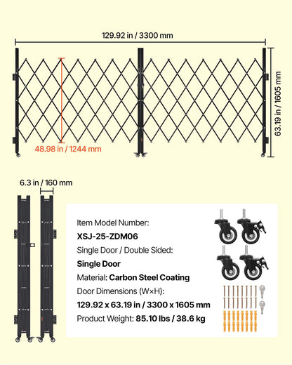 Dubbelfällbar säkerhetsgrind, låsbar saxgrind med 360° svängbara hjul, utfällbara stålgrindar för utomhusbruk, för entrésäkerhet, garage, lager och pool, 330 × 160,5 cm (B × H)