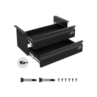 16" Wide Under Desk Drawer Slide Out, Under Desk Mounted Pull-out Drawer Attachment, Hidden Desktop 2 Layer Storage Organizer, Under Table Pencil Drawer for Home Sit Stand Workstation, 18x9x8 in
