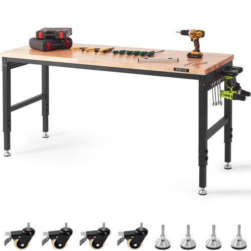 Justerbar arbetsbänk, arbetsbordsskiva, mått: 180 x 61 cm, justerbar höjd: 74-100 cm, maxbelastning 1460 kg, bord med eluttag, träskiva för kontor, hemmagarage