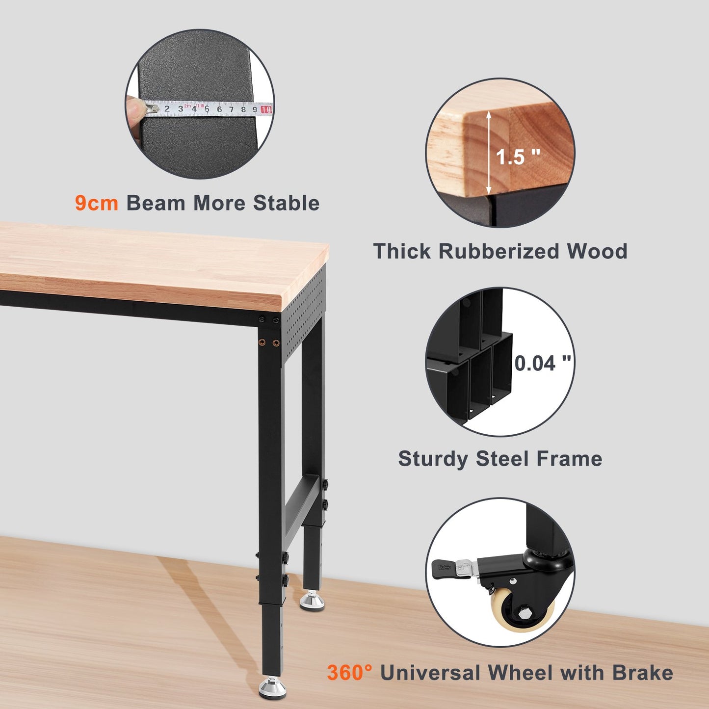 Justerbar arbetsbänk, arbetsbordsskiva, mått: 180 x 61 cm, justerbar höjd: 74-100 cm, maxbelastning 1460 kg, bord med eluttag, träskiva för kontor, hemmagarage