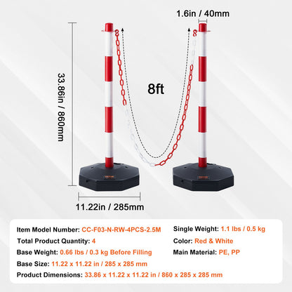 Justerbara trafikavgränsningskoner, 4-pack, trafiksäkerhetsavgränsare med fyllbar bas 2,44 m kätting, för trafikkontroll, varning, parkeringsplats, byggvarning, vägar, röd och vit