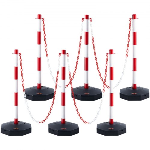 Justerbara trafikavgränsningskoner, 6-pack, trafiksäkerhetsavgränsare med fyllbar bas 2 m kedja, för trafikreglering, varning, parkeringsplats, byggvarning, vägar, röd och vit