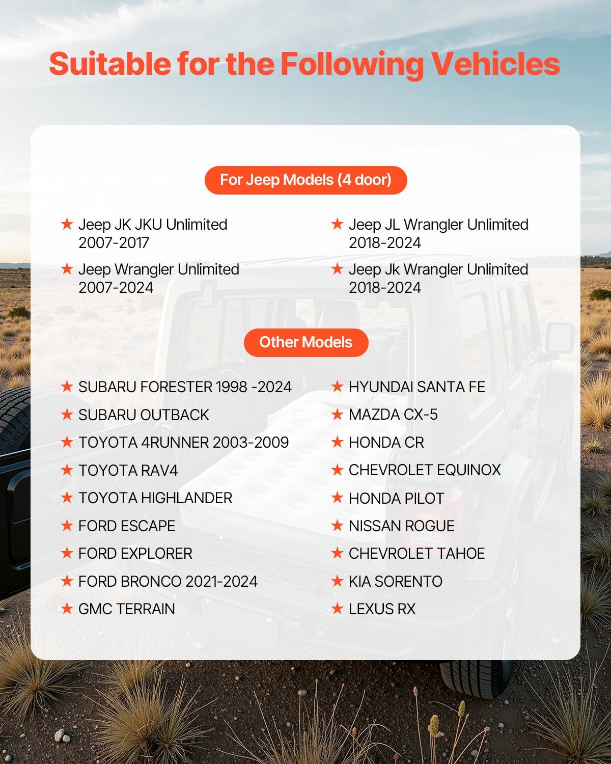 Billuftmadrass, passar Toyota 4Runner, Jeep Wrangler, uppblåsbar campingmadrass för bilen, flockade förtjockade uppblåsbara resebäddar, hållbart bärbart liggunderlag med inbyggd pump, 2 kuddar, grå