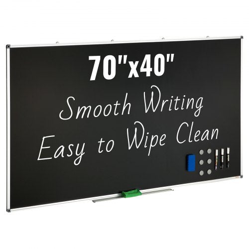 Svart tavla, 70 x 40 tum stor griffeltavla med aluminiumram, svarta tavlor med whiteboard, inkluderar 1 magnetisk raderbar penna och 3 whiteboardpennor, svart yta, för kontor, hem och skola