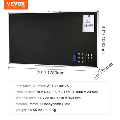 Svart tavla, 70 x 40 tum stor griffeltavla med aluminiumram, svarta tavlor med whiteboard, inkluderar 1 magnetisk raderbar penna och 3 whiteboardpennor, svart yta, för kontor, hem och skola