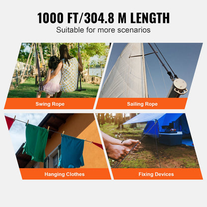 Flätat nylonrep, 3/16 tum x 1000 fot, 32 trådar, 720 pund brottstyrka utomhusklätterrep, arborist trädklättringsrigg för bergsvandring camping gunga firning räddning, svart