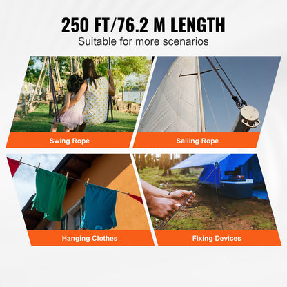 Flätat nylonrep, 3/16 tum x 250 fot, 32 trådar, 720 pund brottstyrka utomhusklätterrep, arborist trädklättringsrigg för bergsvandring camping gunga firning räddning, svart