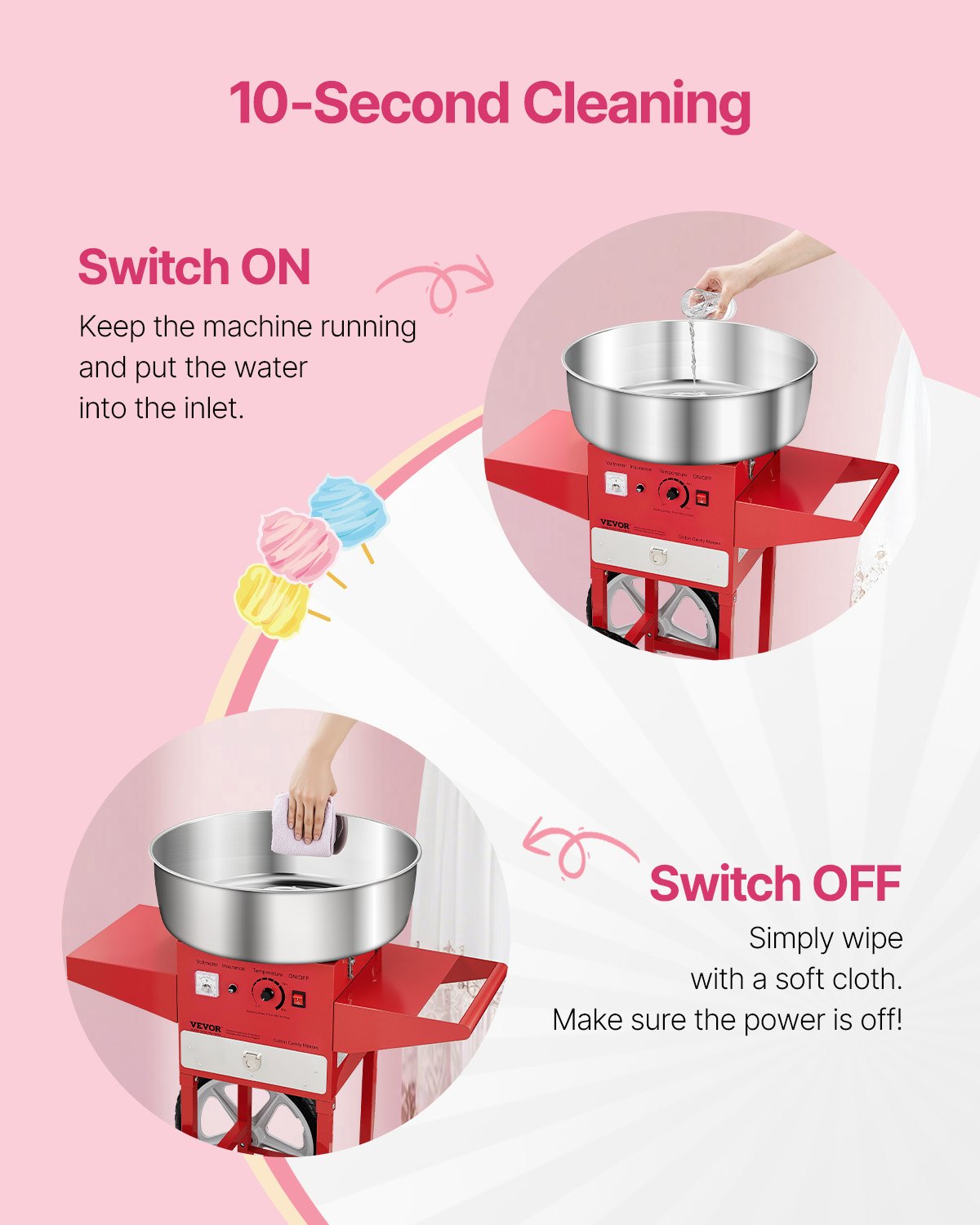 Electric Cotton Candy Machine with Cart, 1000W Commercial Candy Floss Maker with 52cm Stainless Steel Bowl, Sugar Scoop, and Drawer, Easy to Use, for Home, Kids Birthday, Family Party, Red