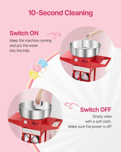 Electric Cotton Candy Machine with Cart, 1000W Commercial Candy Floss Maker with 52cm Stainless Steel Bowl, Sugar Scoop, and Drawer, Easy to Use, for Home, Kids Birthday, Family Party, Red