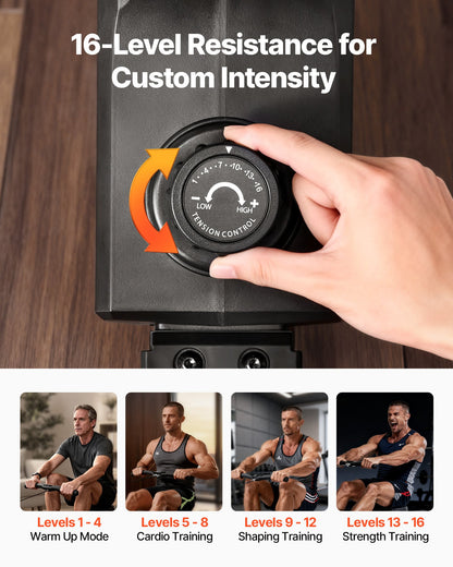 Magnetisk roddmaskin, 16-nivåers tyst motstånd, justerbar, hopfällbar roddmaskin för hemmabruk, 158 kg viktkapacitet, roddmaskiner med slät remskiva, Bluetooth-appkompatibel och LCD-skärm